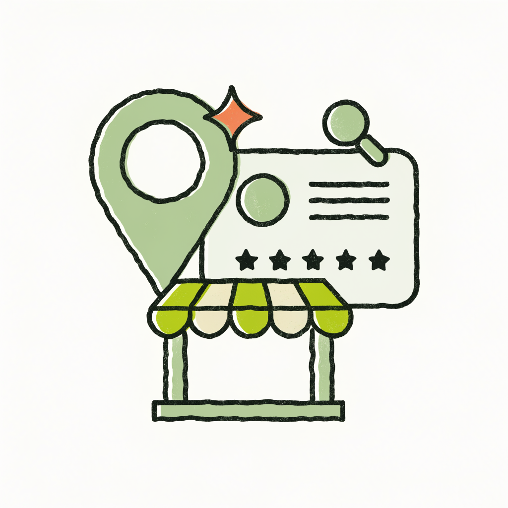 Illustration of a local storefront, map pin, and five-star business profile for Google Business Profile work