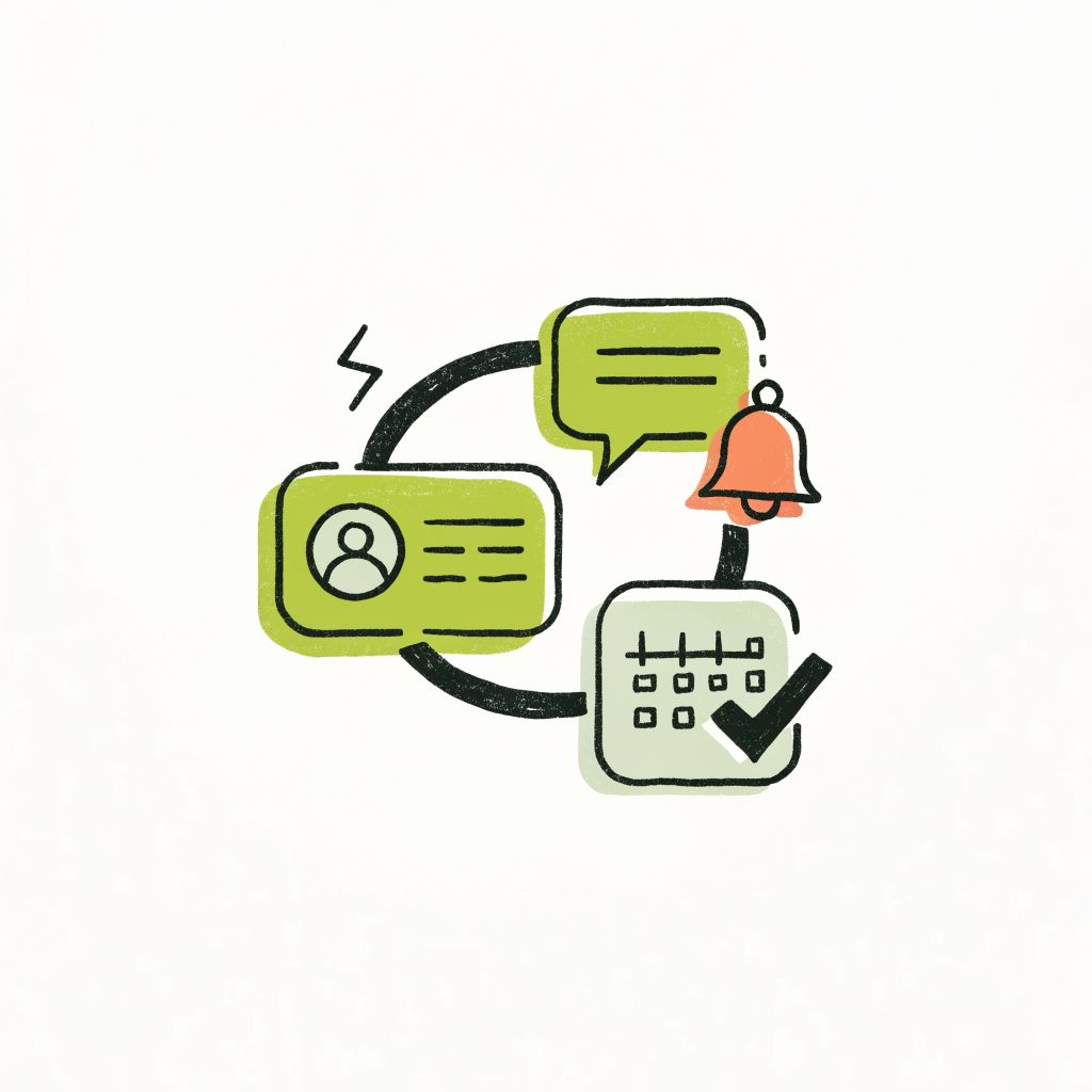 Illustration of a lead card, automated reply, notification, and booked calendar in a response loop
