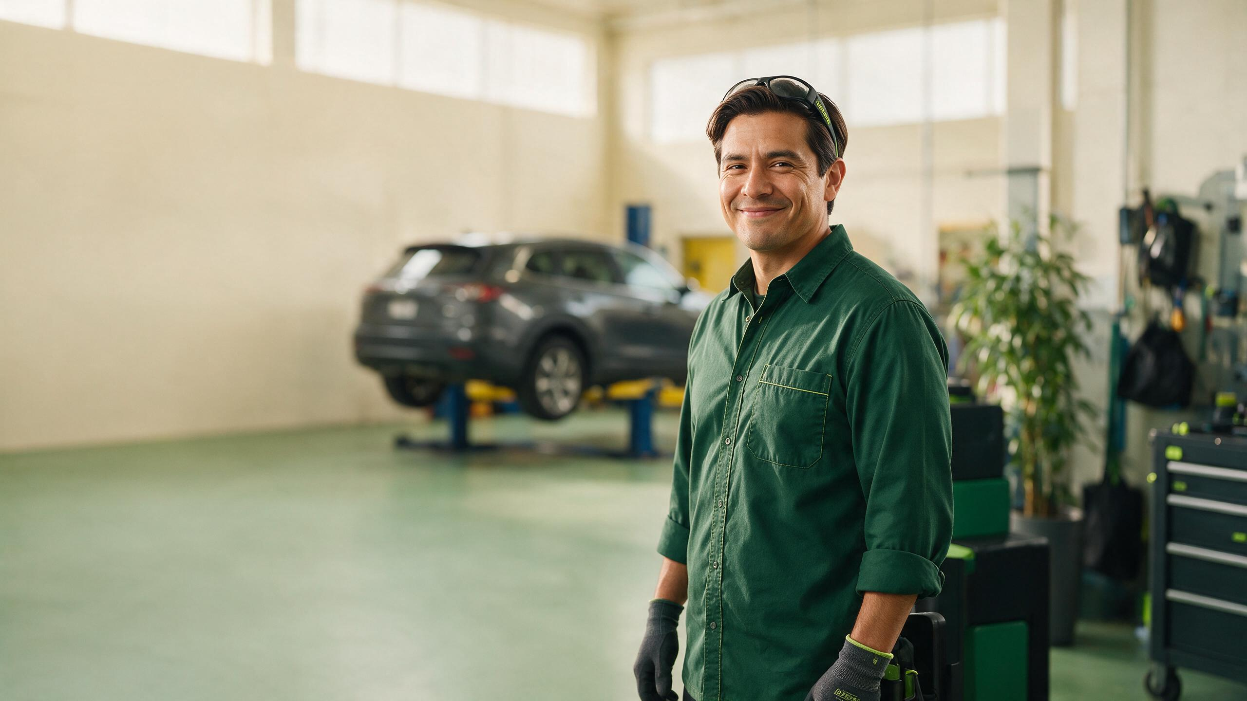 An auto technician in a shop with a vehicle on a lift, representing Karaji websites for auto businesses
