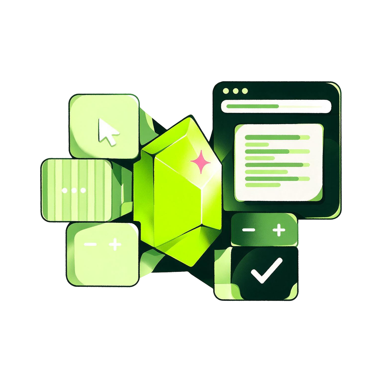Editorial illustration of custom software tools and interfaces connected to a business website