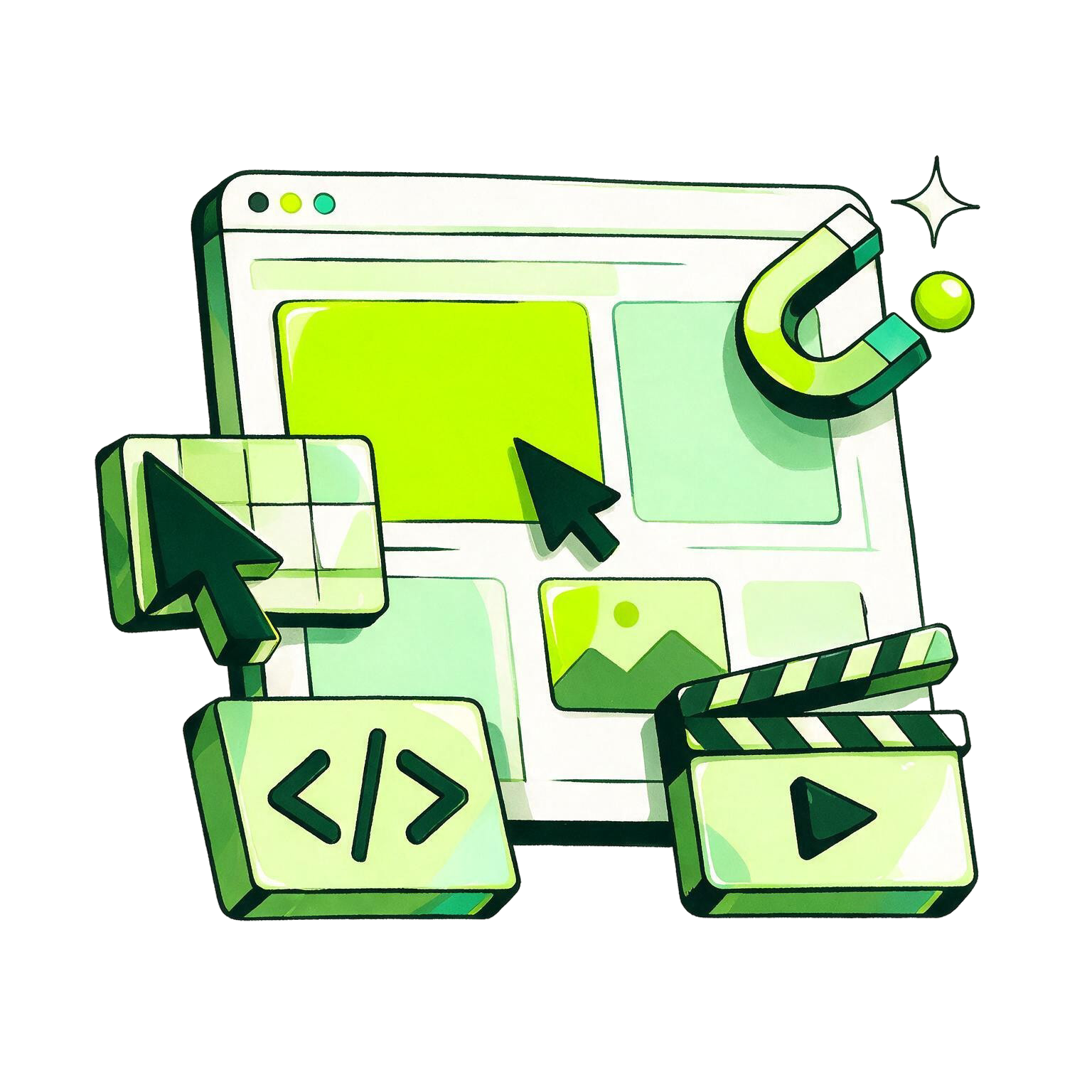 Editorial illustration of a website at the center of connected services including development, video, and lead generation