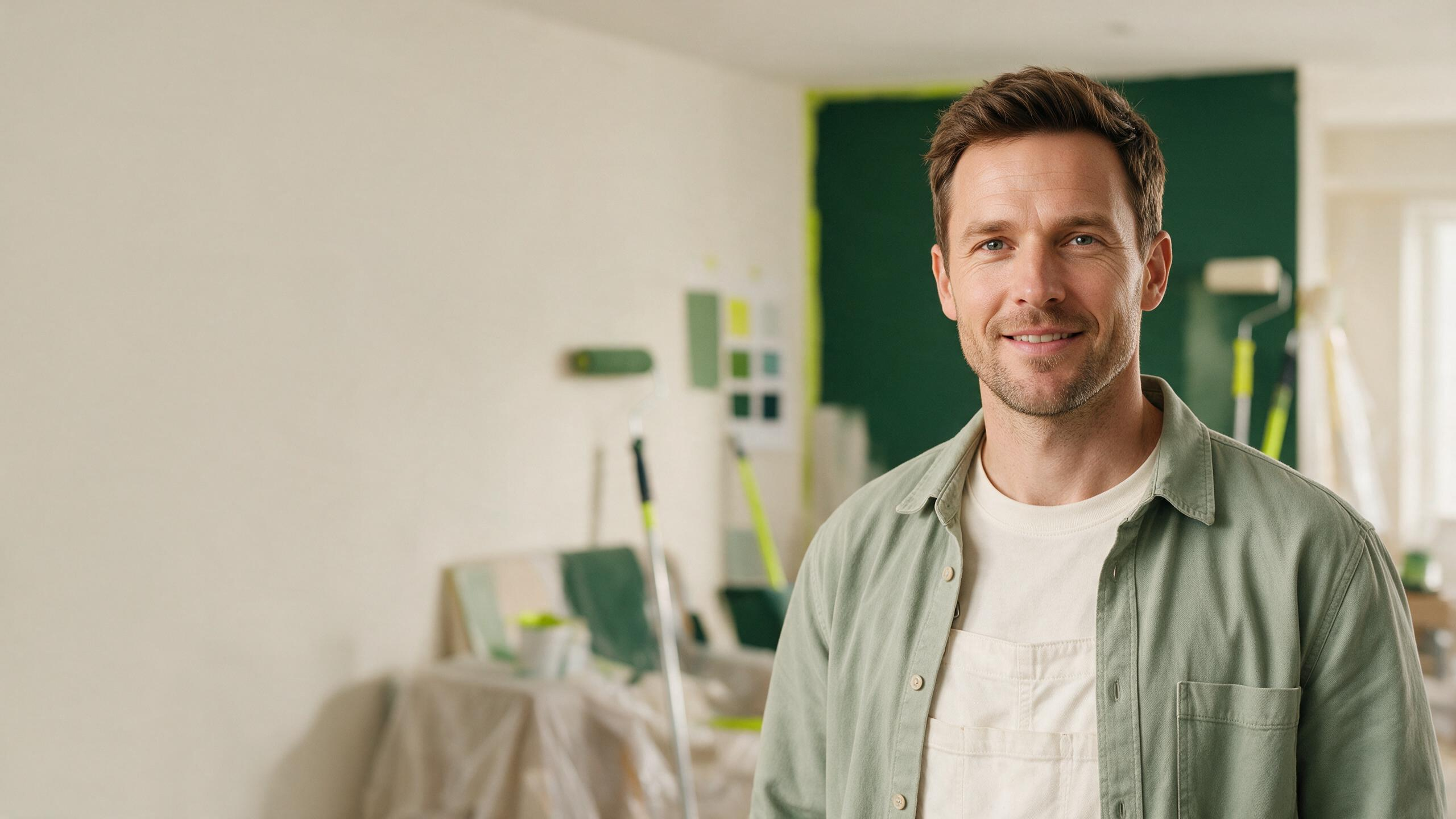 A painting contractor in a room being painted, representing Karaji websites for painting companies