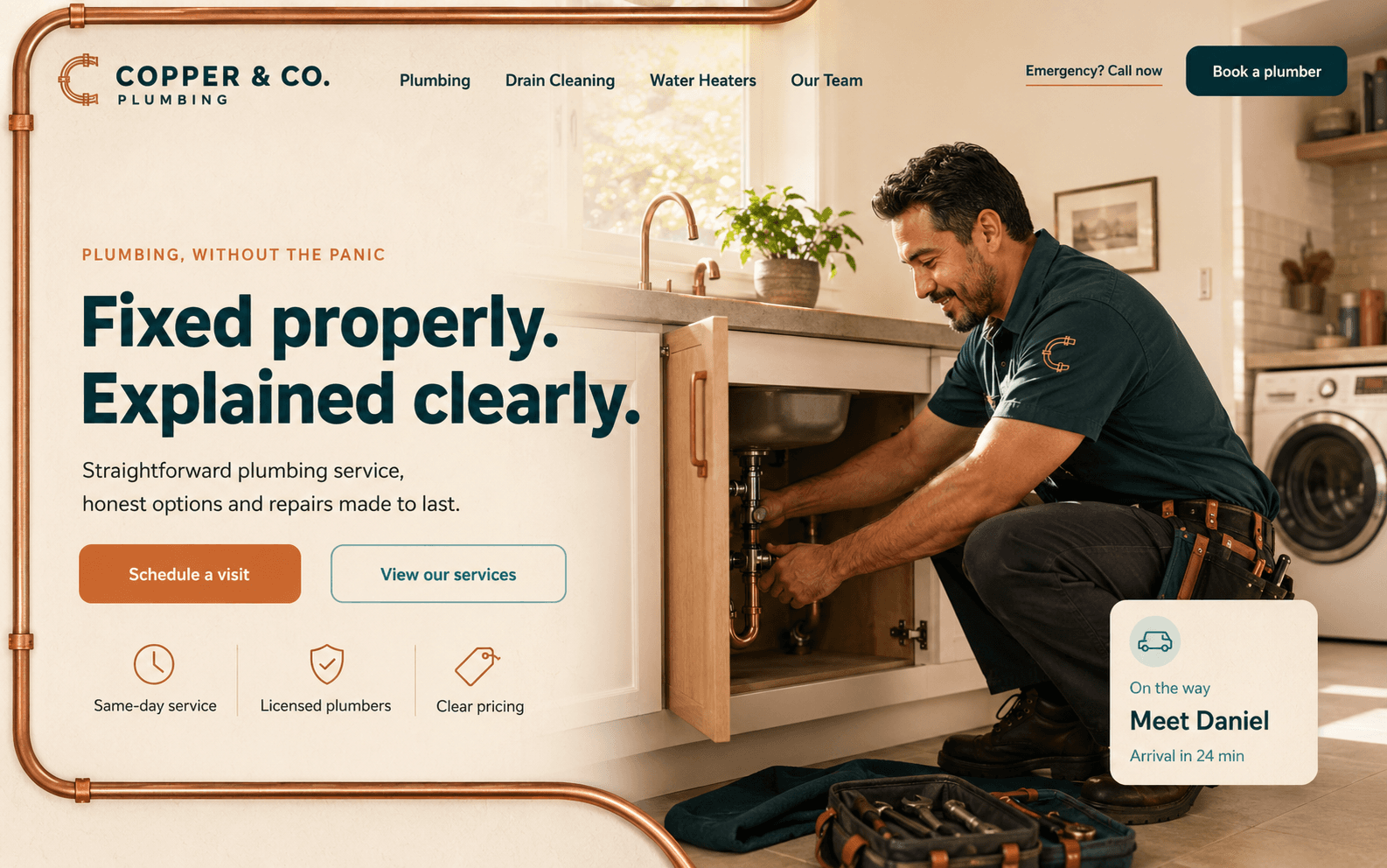 Copper and Co. Plumbing website hero concept