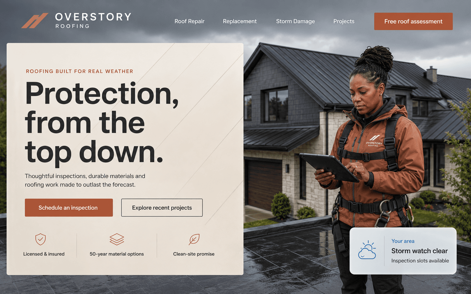 Overstory Roofing website hero concept